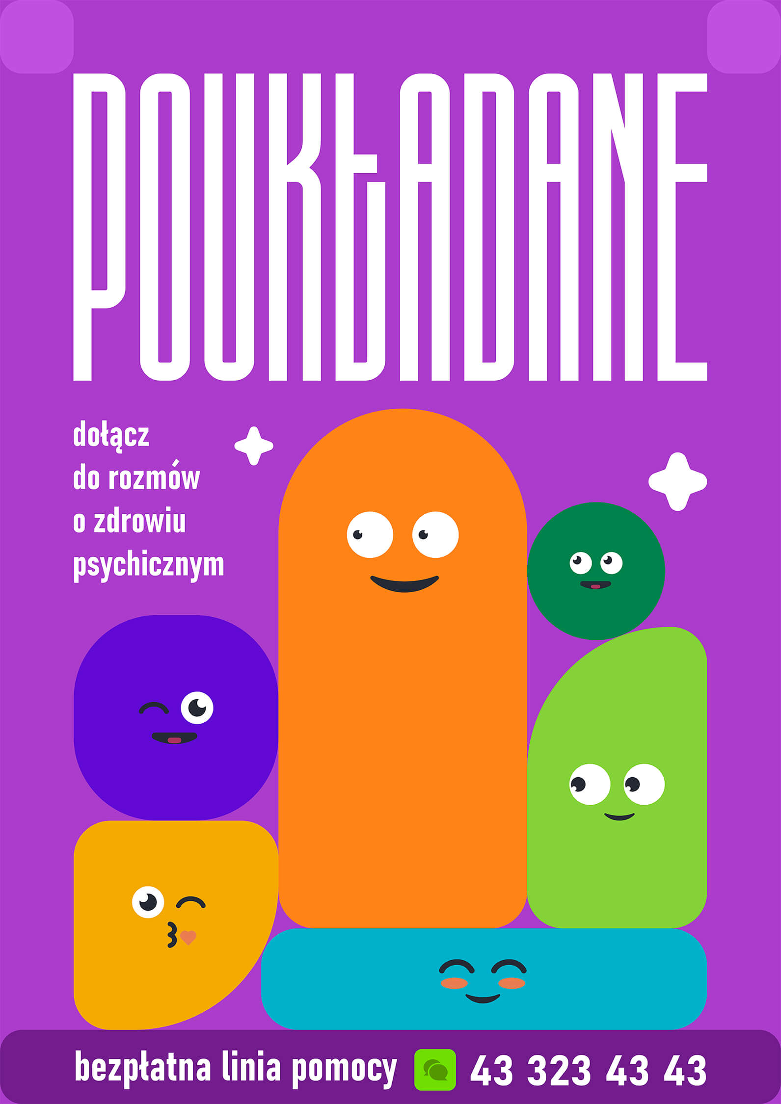 Colorful cartoon shapes with smiling faces on a purple background, promoting mental health conversations and a free helpline number.